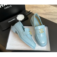 Durable Chanel Shiny Calfskin Loafers with Camellia CC G45663 Light Blue 1120035