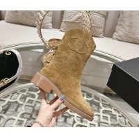 Lower Price Chanel Suede Ankle Boots with Side CC Dark Beige 1120037