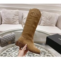 Affordable Price Chanel Suede Medium Boots 4cm with Side CC Light Brown 1120040