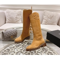 Duplicate Chanel Suede Medium Boots 4cm with Side CC Camel Brown 120042