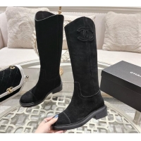 Duplicate Chanel Suede Medium Boots 4cm with Side CC Black 1120043