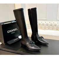 Buy Duplicate Chanel Stretch Lambskin High Boots Flat with Bow Black 120045