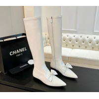 Reasonable Price Chanel Stretch Lambskin High Boots Flat with Bow White 1120046