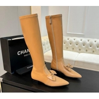 Elegant Chanel Stretch Lambskin High Boots Flat with Bow Light Brown 1120047