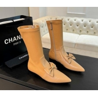 Custom Chanel Stretch Lambskin Ankle Boots Flat with Bow Light Brown 1120048