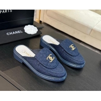 Popular Style Chanel Denim Flat Mules with Quilted CC Foldover G45474 Blue 120059