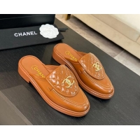 Hot Style Chanel Calfskin Flat Mules with Quilted CC Foldover G45474 Tan Brown 1120065