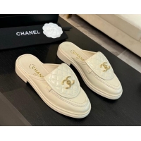 Stylish Chanel Calfskin Flat Mules with Quilted CC Foldover G45474 Ivory White 1120068