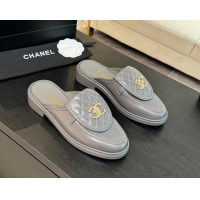 Sophisticated Chanel Calfskin Flat Mules with Quilted CC Foldover G45474 Grey/Gold 1120069