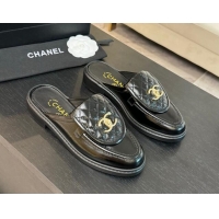 Top Design Chanel Crinkled Calfskin Flat Mules with Quilted CC Foldover G45474 Black 120071