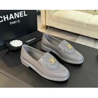 Best Grade Chanel Calfskin Flat Loafers with Quilted CC Foldover G45474 Grey 1120076