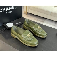 Purchase Chanel Calfskin Flat Loafers with Quilted CC Foldover G45474 Green 1120077