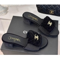 Top Design Chanel Velvet Heel Slides Sandal 5cm with Quilted CC Foldover G45474 Black 1120078