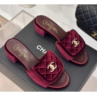 Good Looking Chanel Velvet Heel Slides Sandal 5cm with Quilted CC Foldover G45474 Burgundy 120079