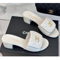 Chanel Lambskin Heel Slides Sandal 5cm with Quilted CC Foldover G45474 White 120080