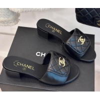 Unique Style Chanel Lambskin Heel Slides Sandal 5cm with Quilted CC Foldover G45474 Black 1120082