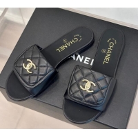 Best Product Chanel Lambskin Flat Slides Sandal with Quilted CC Foldover G45474 Black 120083