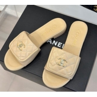 Top Grade Chanel Lambskin Flat Slides Sandal with Quilted CC Foldover G45474 Beige 120084