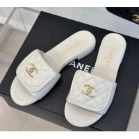 Good Quality Chanel Lambskin Flat Slides Sandal with Quilted CC Foldover G45474 White 120085