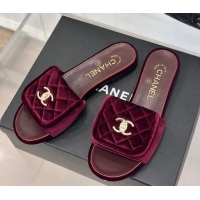 Charming Chanel Velvet Flat Slides Sandal with Quilted CC Foldover G45474 Burgundy 120087