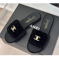 Unique Style Chanel Velvet Flat Slides Sandal with Quilted CC Foldover G45474 Black 1120086