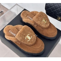 Good Looking Chanel Suede & Wool Flat Mules with CC Foldover G45474 Brown 1120090