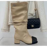 Low Price Chanel Calfskin Leather Heel Pile High Boots Beige 1120091