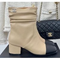 Shop Duplicate Chanel Calfskin Leather Heel Pile Ankle Boots Beige 1120095