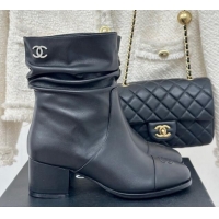 Best Price Chanel Calfskin Leather Heel Pile Ankle Boots Black 120096