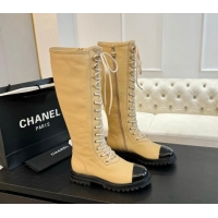 Good Quality Chanel Calfskin & Tweed Laced-up High Boots Beige 1120101