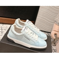 Durable Chanel Printed Leather Sneakers Light Blue 120116