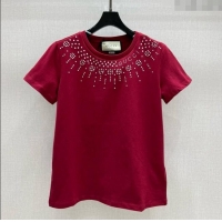 ​Top Grade Gucci Cotton T-Shirt with Strass 1203 Red 2024