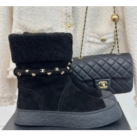 Unique Style Chanel Suede & Shearling Snow Boots with Charm Strap Black 1120141