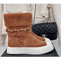 Purchase Chanel Suede & Shearling Snow Boots with Charm Strap Brown 1120142