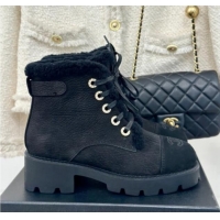 Classic Hot Chanel Calfskin & Wool Laced-up Ankle Boots Black 1120143