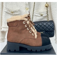 Best Grade Chanel Calfskin & Wool Laced-up Ankle Boots Brown 1120145