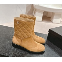 Top Grade Chanel Suede & Quilted Flat Ankle Boots Brown Yellow 1120146