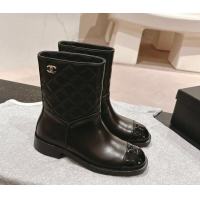 Good Quality Chanel Calfskin & Quilted Flat Ankle Boots Black 1120148