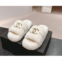 Grade Quality Chanel Shearling Wool Platform Slides Sandal with Gold-Tone CC White 1121001