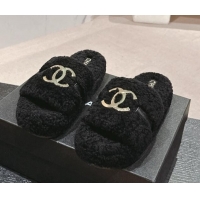 Pretty Style Chanel Shearling Wool Platform Slides Sandal with Gold-Tone CC Black 1121003