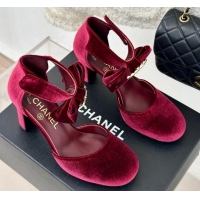 Good Product Chanel Velvet Pumps 9cm with Strass CC Bow and Ankle Strap Burgundy 1121004