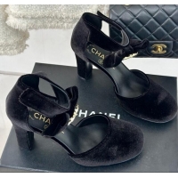 Shop Cheap Chanel Velvet Pumps 9cm with Strass CC Bow and Ankle Strap Black 1121005