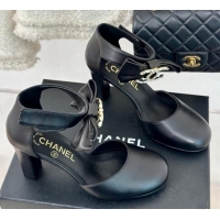 Durable Chanel Lambskin Pumps 9cm with Strass CC Bow and Ankle Strap Black 1121007