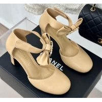 Duplicate Chanel Lambskin Pumps 9cm with Strass CC Bow and Ankle Strap Beige 1121008