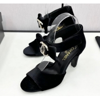 Buy Luxury Chanel Velvet Heel Sandals 9.5cm with Strass CC Bow and Ankle Strap Black 121009