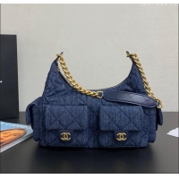 Top Design Chanel Washed Denim Maxi Hobo Bag AS5302 Dark Blue 2024