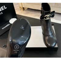 Good Quality Chanel Calfskin Leather Heel Ankle Boots with Strass CC Bow Black 1121014