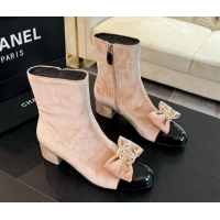 Sophisticated Chanel Velvet Heel Ankle Boots with Strass CC Bow Peachy Pink 1121020