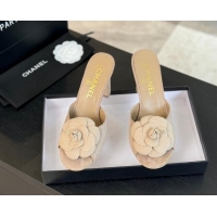 Perfect Chanel Suede Heel Slides Sandal 8cm with Camellia Bloom Beige 1121027