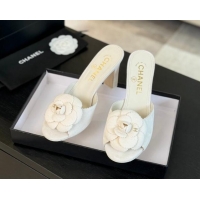 Top Grade Chanel Suede Heel Slides Sandal 8cm with Camellia Bloom White 1121030